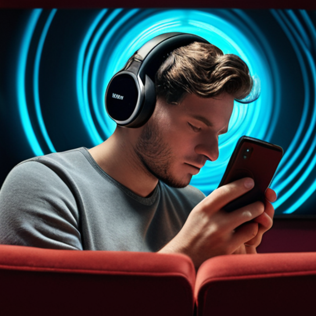 A person wearing headphones, immersed in a cinematic experience on their smartphone, with Dolby Atmos logo and sound waves emanating from the device. The background is a cozy room transforming into a grand movie theater.
