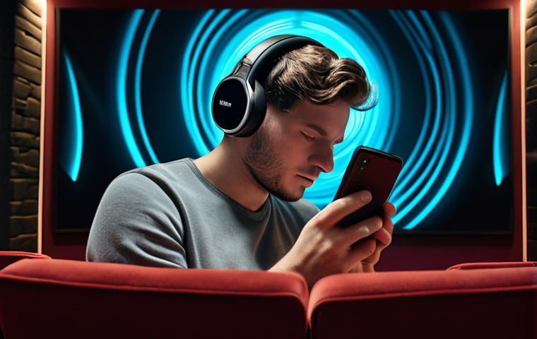 A person wearing headphones, immersed in a cinematic experience on their smartphone, with Dolby Atmos logo and sound waves emanating from the device. The background is a cozy room transforming into a grand movie theater.